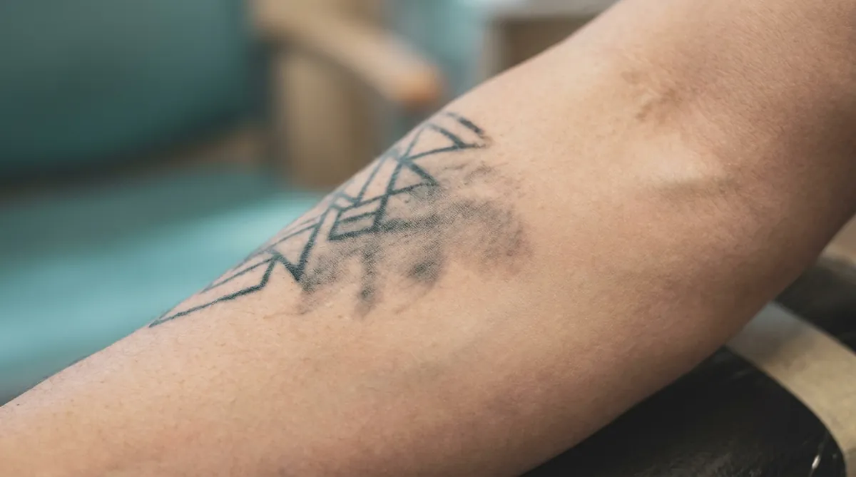 Close-up of a black tattoo partially broken up after several laser sessions, with ink faded unevenly across the design