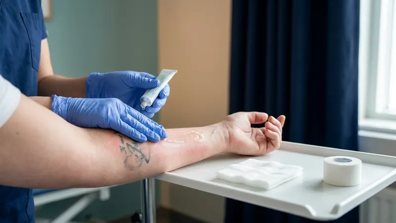 Treated tattoo area dressed and covered after a laser removal session, with aftercare supplies alongside