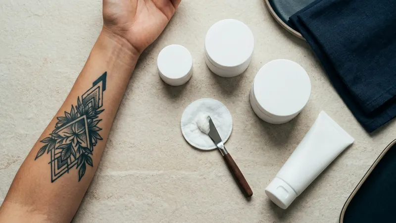 Unlabeled cream jars beside a tattoo that has not faded