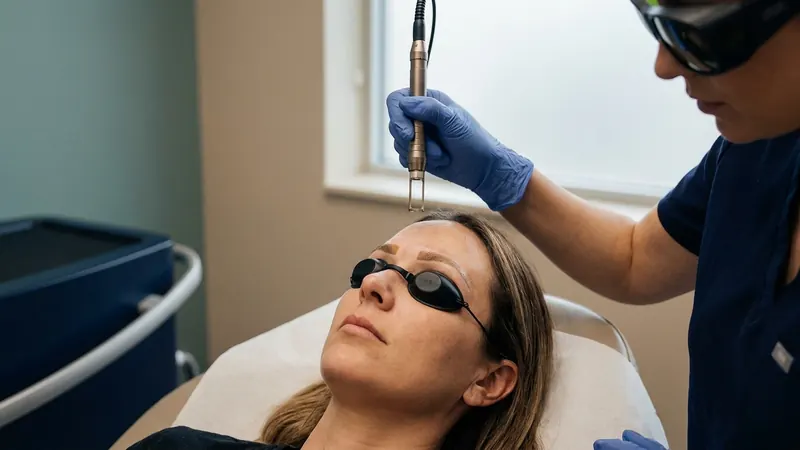 Technician treating faded permanent makeup pigment on an eyebrow