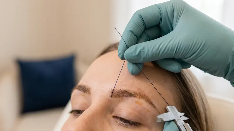 Faded microblading strokes being measured with brow mapping thread