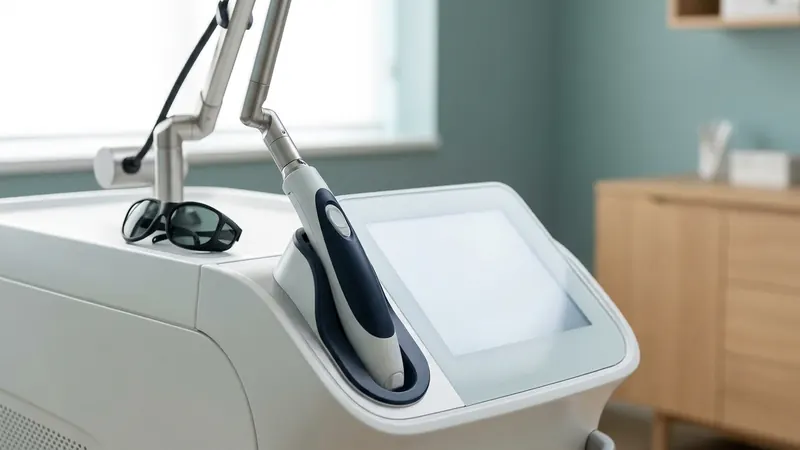 Picosecond laser handpiece being used on a forearm tattoo during a removal session
