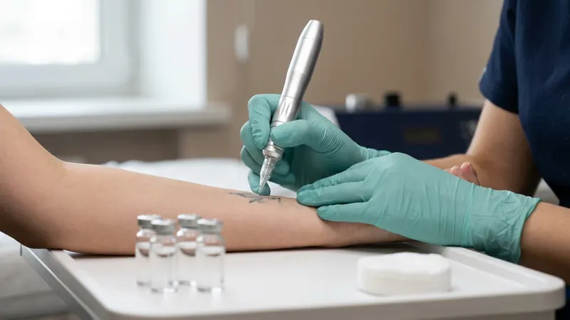 Saline tattoo removal with solution vials on a sterile tray